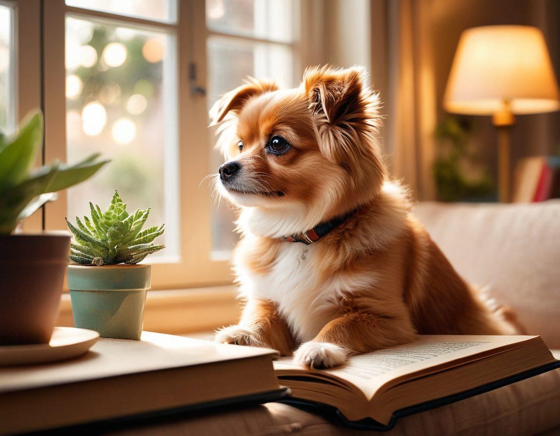 A cozy setting with a person sitting on a couch, gently petting a small fluffy dog that gazes up with affection. Include a warm glow from a nearby window, books and plants in the background to create a homely atmosphere. Capture their connection with soft focus and heartwarming expressions. super-realistic. soft lighting. vibrant colors.
