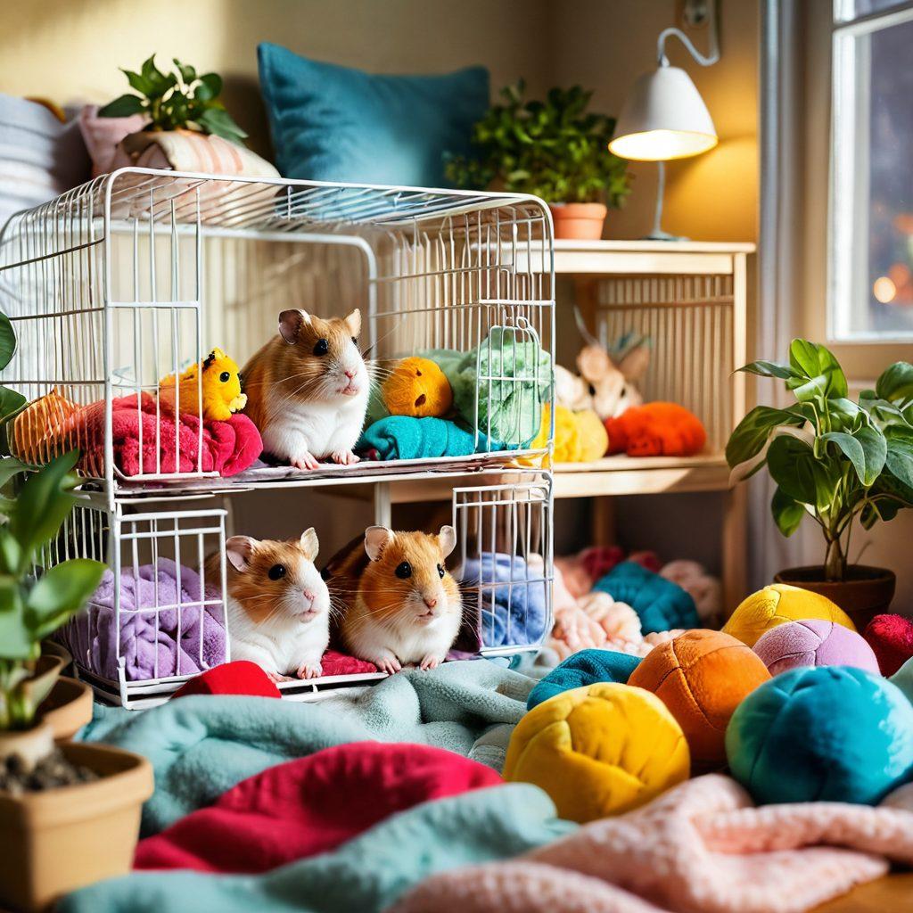 A cozy, sunlit room with a pair of hamsters cuddling in a colorful, plush cage filled with tunnels and toys. The background showcases a warm, inviting atmosphere with soft blankets and a small potted plant, highlighting the affection between pets and owners. Emphasize the warmth of companionship and intimate connection. super-realistic. vibrant colors. soft lighting.