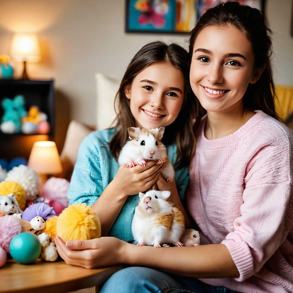 A heartwarming scene of a human gently holding a fluffy hamster in their hands, surrounded by colorful toys and treats, with soft, warm lighting that conveys affection. The background features a cozy living room environment with a small hamster cage and playful decor. The human wears a joyful smile, emphasizing the bond shared. A hint of pastel colors adds to the overall warmth and love of the moment. super-realistic. vibrant colors. cozy setting.